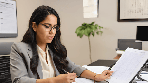 Profissional jurídico realizando cálculos judiciais com uma calculadora e documentos legais sobre uma mesa, representando precisão e conformidade nos processos.
